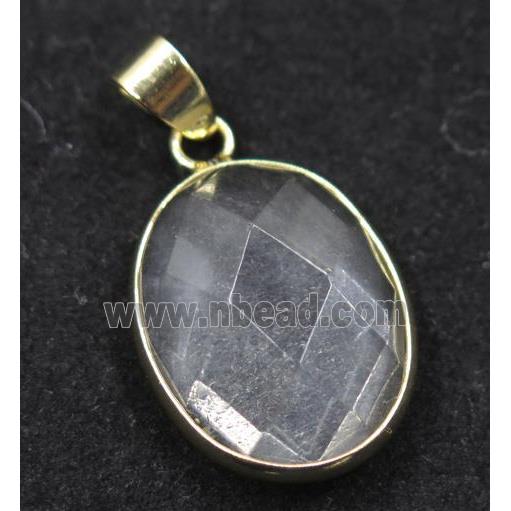 clear quartz pendant, faceted oval, gold plated