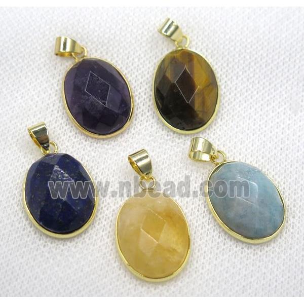 mix gemstone pendant, faceted oval, gold plated