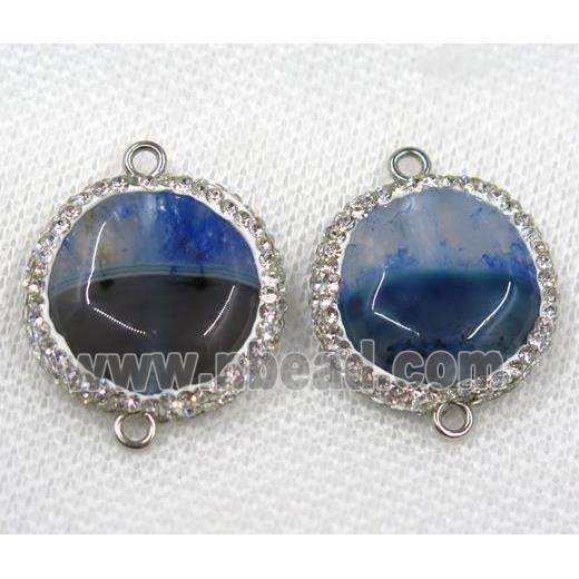 blue agate connector paved rhinestone, flat round