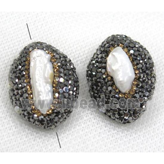 white pearl beads paved black rhinestone, oval