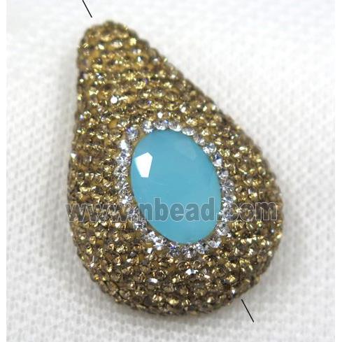 blue crystal glass beads paved yellow rhinestone, teardrop