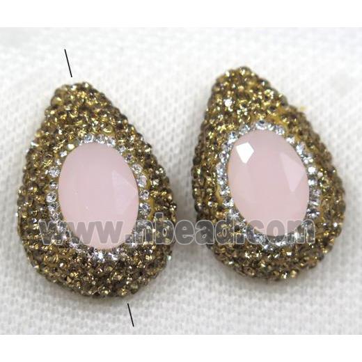 pink crystal glass beads paved yellow rhinestone, teardrop