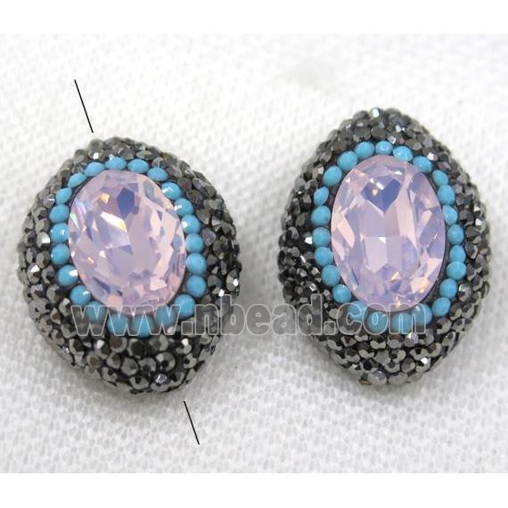 pink crystal glass bead paved black rhinestone, oval