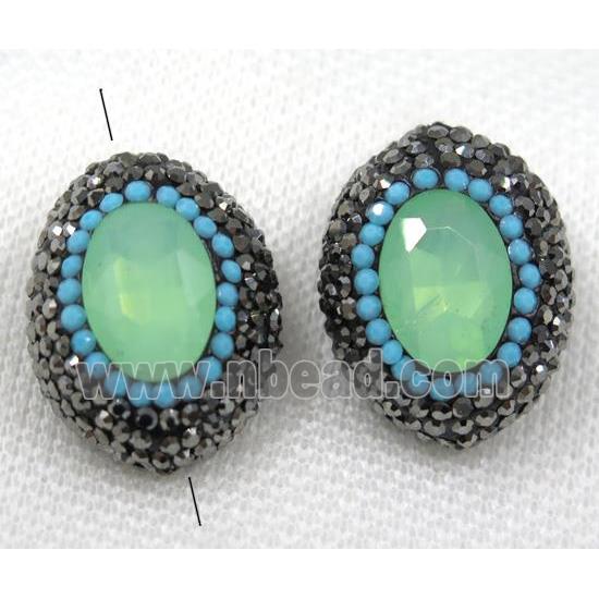 green crystal glass beads paved black rhinestone, oval