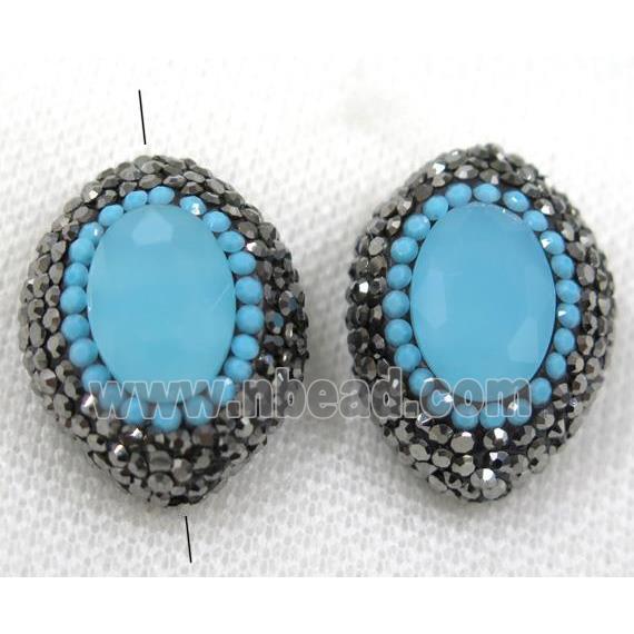 blue crystal glass beads paved black rhinestone, oval