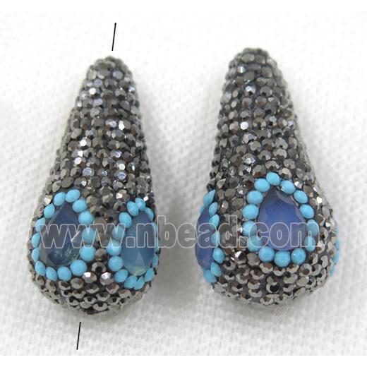 blue crystal glass bead paved black rhinestone, teardrop