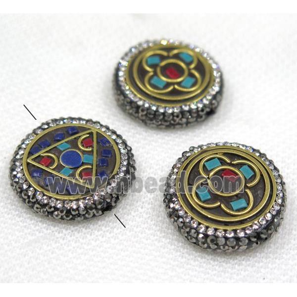 Nepal style turquoise bead paved rhinestone, flat round
