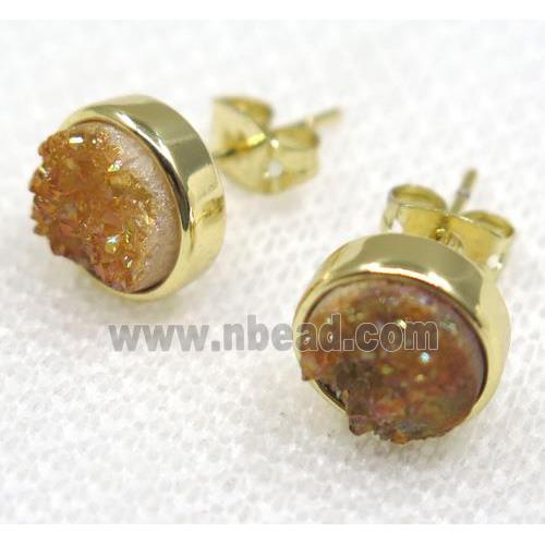 gold champagne druzy quartz earring studs, flat round