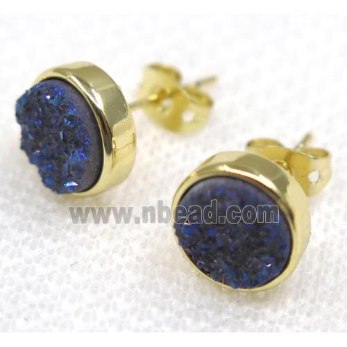 blue druzy quartz earring studs, flat round
