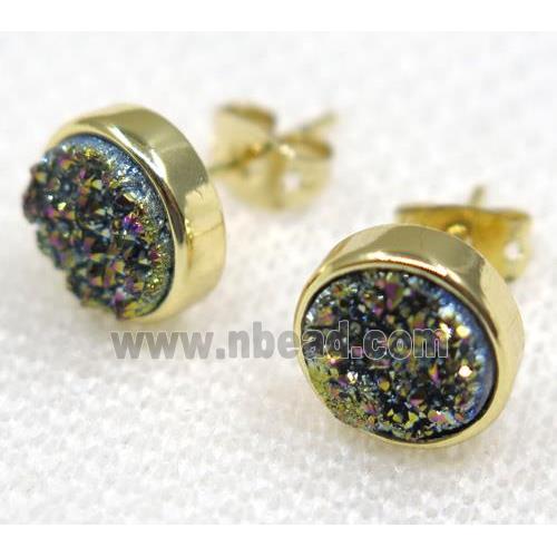 rainbow druzy quartz earring studs, flat round