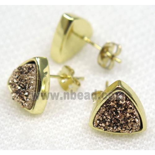 coffee druzy quartz earring studs, triangle
