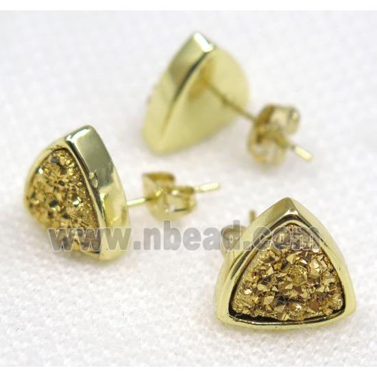 golden druzy quartz earring studs, triangle