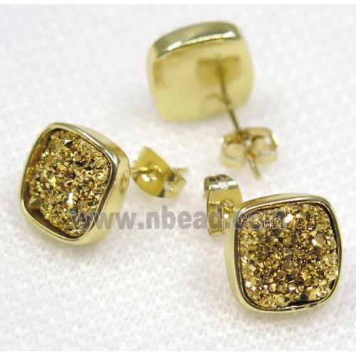 golden druzy quartz earring studs, square