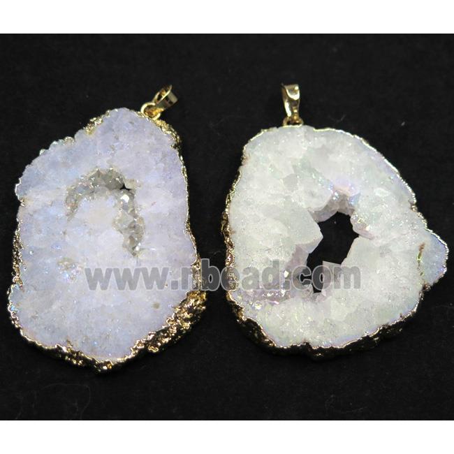 agate druzy slice pendant, white AB color, freeform, gold plated