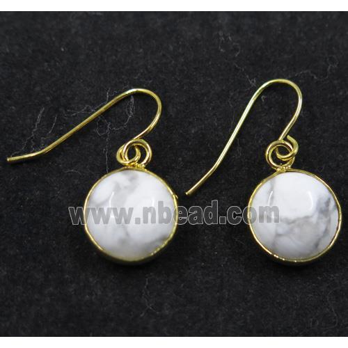 white turquoise howlite earring, flat round, gold plated