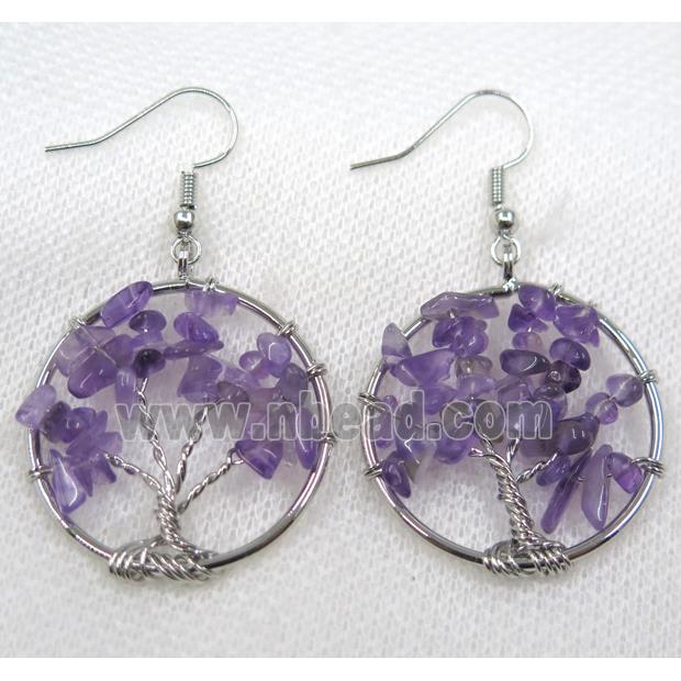 Tree of life earring with purple Amethyst chips, platinum