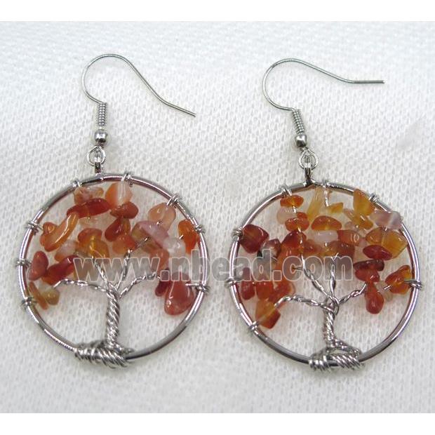 red carnelian agate earring, tree of life, platinum