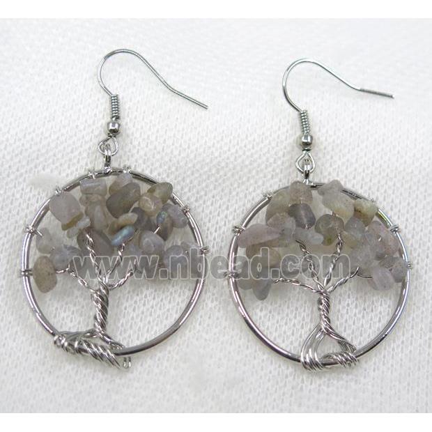 tree of life earring with labradorite bead chip, platinum
