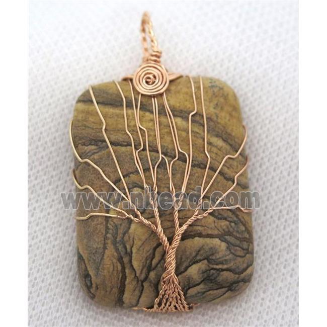 Picture Jasper Rectangle Pendant Tree Of Life Wire Wrapped Rose Gold