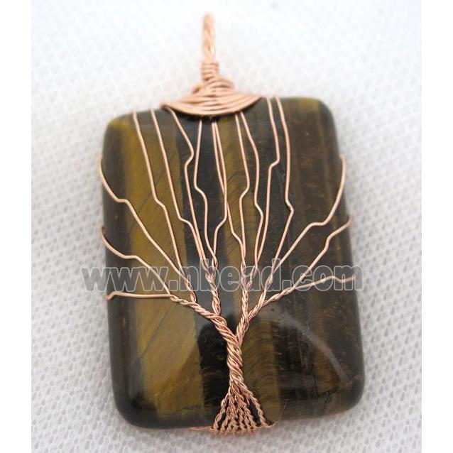 Tiger Eye Stone Rectangle Pendant Tree Of Life Wire Wrapped Rose Gold