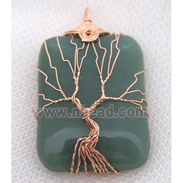 Green Aventurine Rectangle Pendant Tree Of Life Wire Wrapped Rose Gold