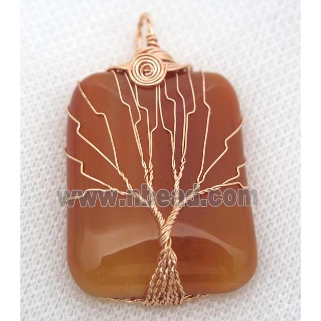 Red Agate Rectangle Pendant Tree Of Life Wire Wrapped Rose Gold