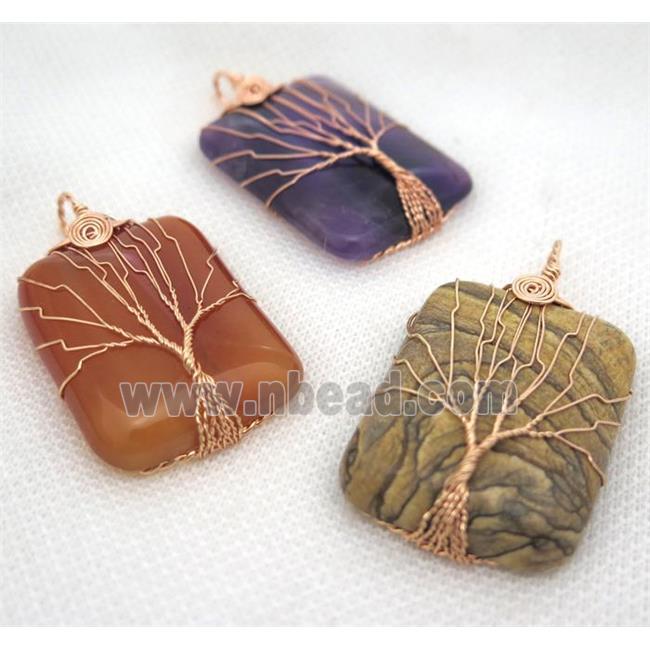 Natural Gemstone Rectangle Pendant Tree Of Life Wire Wrapped Rose Gold Mixed
