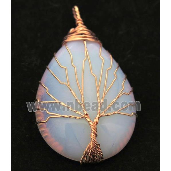 White Opalite Teardrop Pendant Tree Of Life Wire Wrapped Rose Gold