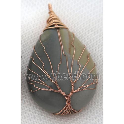 Ocean Agate Teardrop Pendant Tree Of Life Wire Wrapped Rose Gold