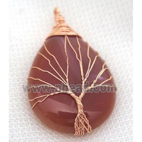 Red Agate Teardrop Pendant Tree Of Life Wire Wrapped Rose Gold