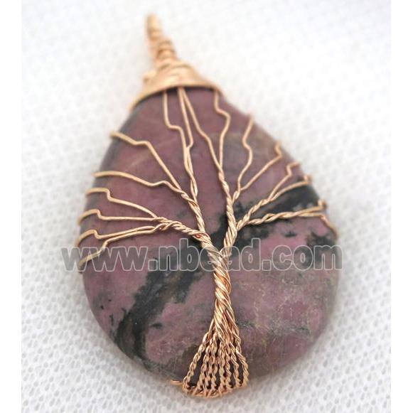 Rhodonite Teardrop Pendant Tree Of Life Wire Wrapped Rose Gold