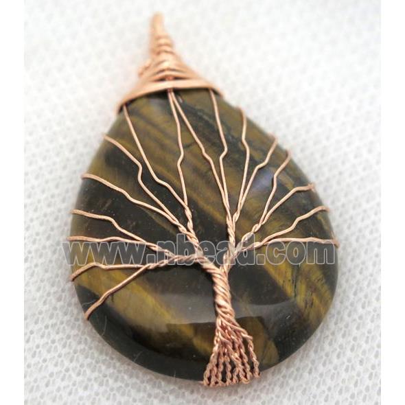 Tiger Eye Stone Teardrop Pendant Tree Of Life Wire Wrapped Rose Gold