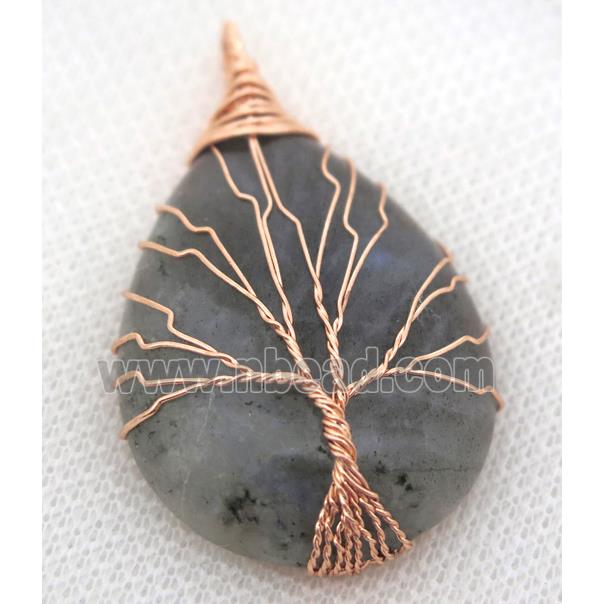 Labradorite Teardrop Pendant Tree Of Life Wire Wrapped Rose Gold