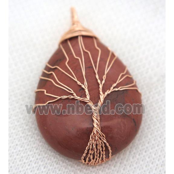 Red Jasper Teardrop Pendant Tree Of Life Wire Wrapped Rose Gold
