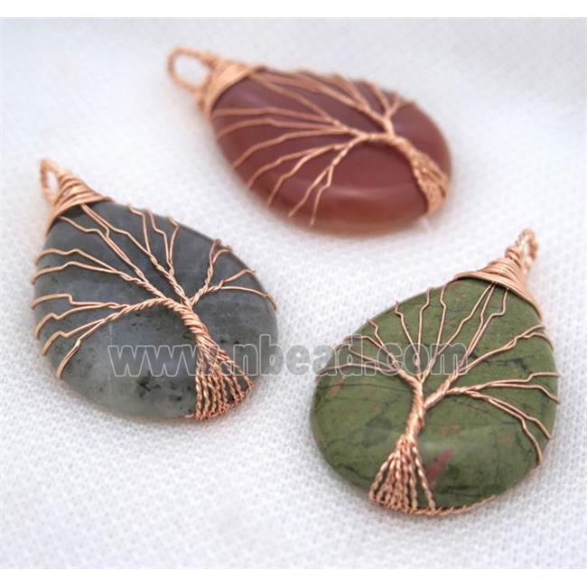 Natural Gemstone Teardrop Pendant Tree Of Life Wire Wrapped Rose Gold Mixed