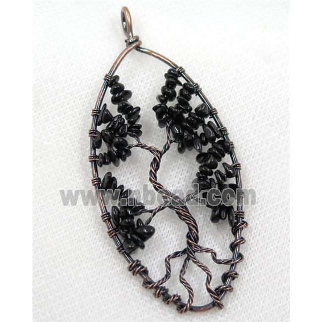 Black Obsidian Chips Pendant Tree Of Life Wire Wrapped Oval Antique Red