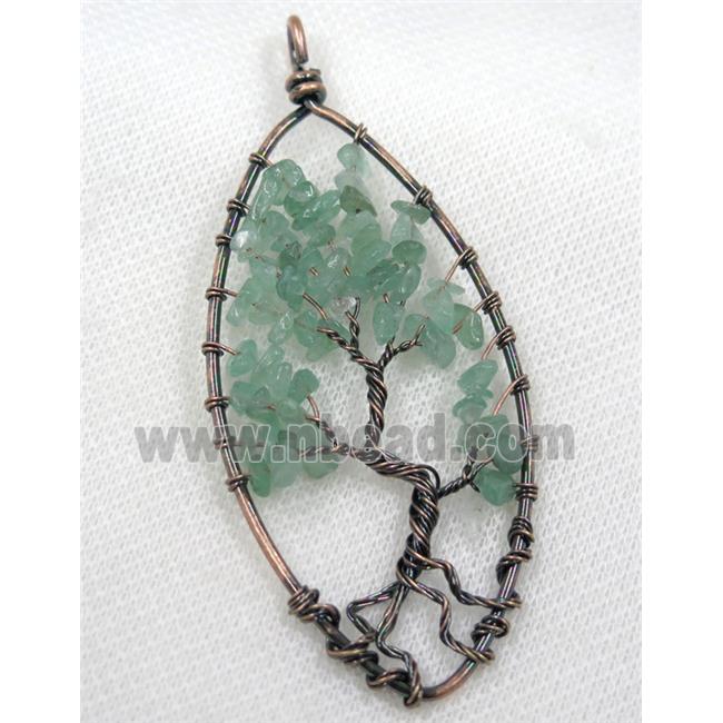 Green Aventurine Chips Pendant Tree Of Life Wire Wrapped Oval Antique Red