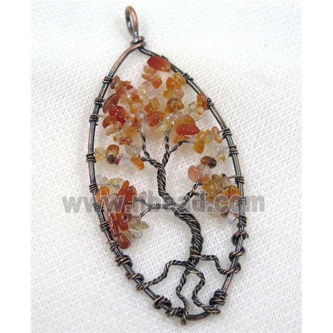 Red Agate Chips Pendant Tree Of Life Wire Wrapped Oval Antique Red