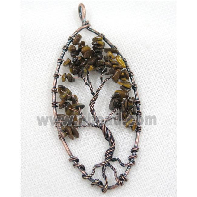 Tiger Eye Stone Chips Pendant Tree Of Life Wire Wrapped Oval Antique Red