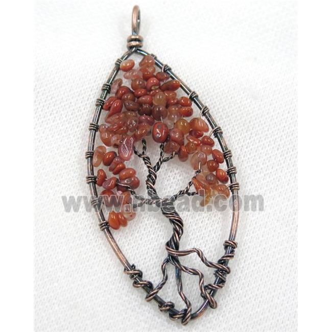 Red Carnelian Chips Pendant Tree Of Life Wire Wrapped Oval Antique Red