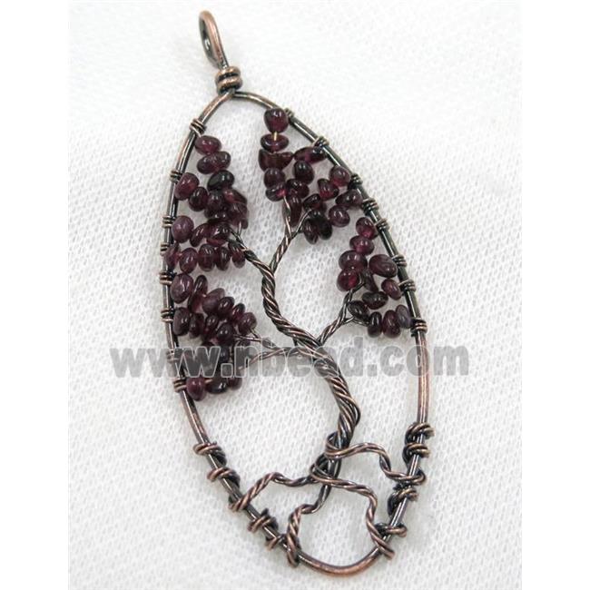 Darkred Garnet Chips Pendant Tree Of Life Wire Wrapped Oval Antique Red