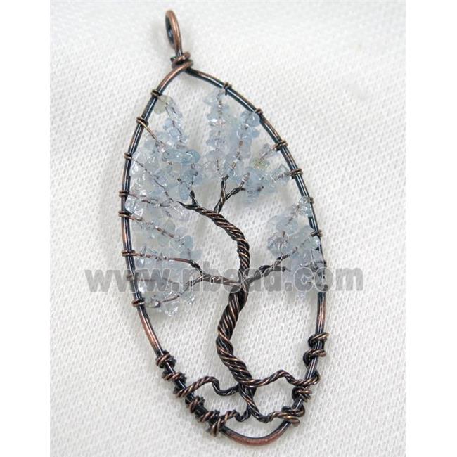 Blue Aquamarine Chips Pendant Tree Of Life Wire Wrapped Oval Antique Red