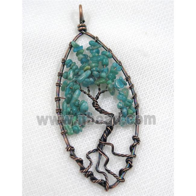 Green Amazonite Chips Pendant Tree Of Life Wire Wrapped Oval Antique Red