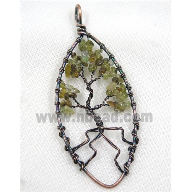 Green Garnet Chips Pendant Tree Of Life Wire Wrapped Oval Antique Red