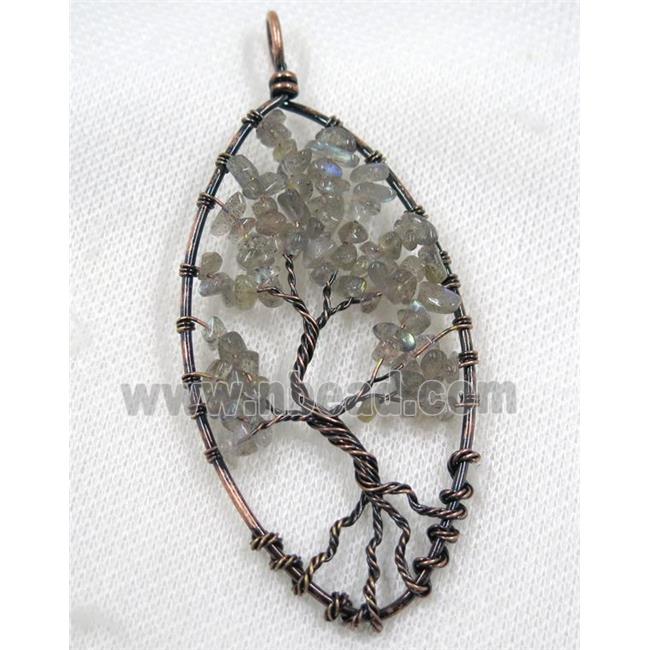Labradorite Chips Pendant Tree Of Life Wire Wrapped Oval Antique Red