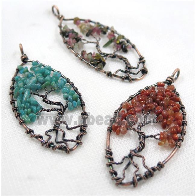 Gemstone Chips Pendant Tree Of Life Wire Wrapped Oval Antique Red Mixed