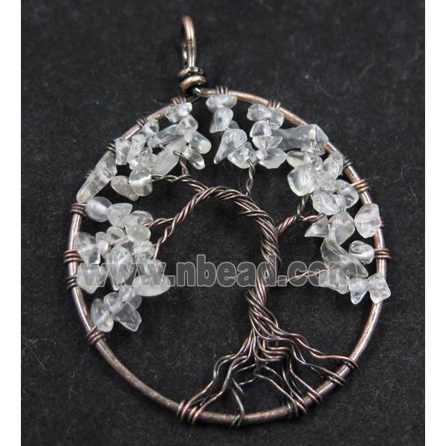 Clear Quartz Chips Pendant Tree Of Life Wire Wrapped Circle Antique Red