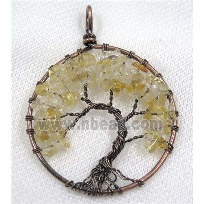 Citrine Chips Pendant Tree Of Life Wire Wrapped Circle Antique Red