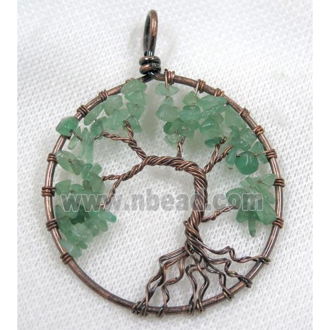 Green Aventurine Chips Pendant Tree Of Life Wire Wrapped Circle Antique Red