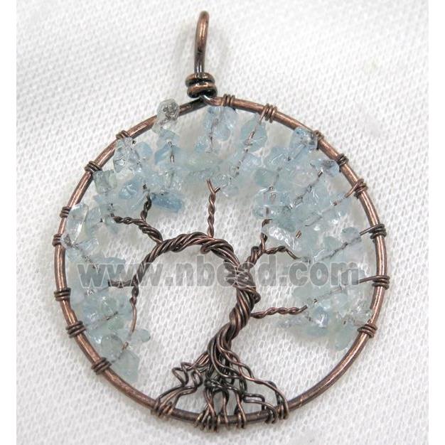 Aquamarine Chips Pendant Tree Of Life Wire Wrapped Circle Antique Red